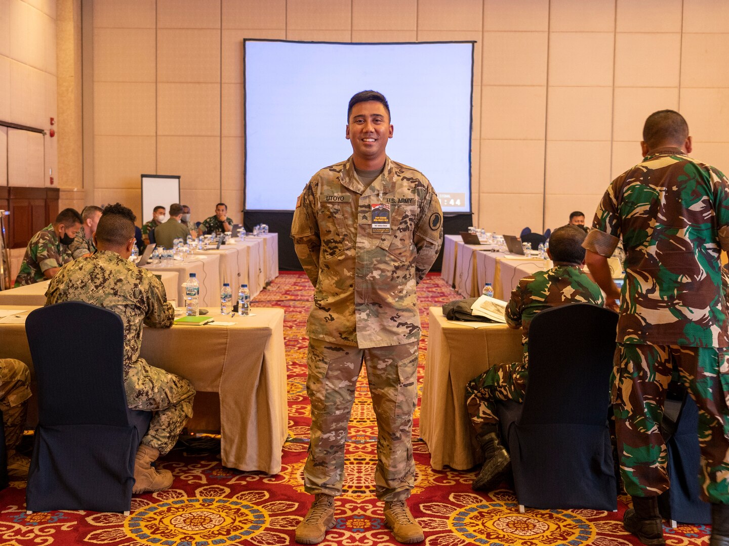 Army Sgt. Aditya Utoyo, a transportation management coordinator assigned to the Hawaii Army National Guard Joint Force Headquarters, during exercise Gema Bhakti 22, Sept. 12, 2022, Jakarta, Indonesia. As a native Bahasa Indonesia speaker, Utoyo played a pivotal role as interpreter during the exercise.