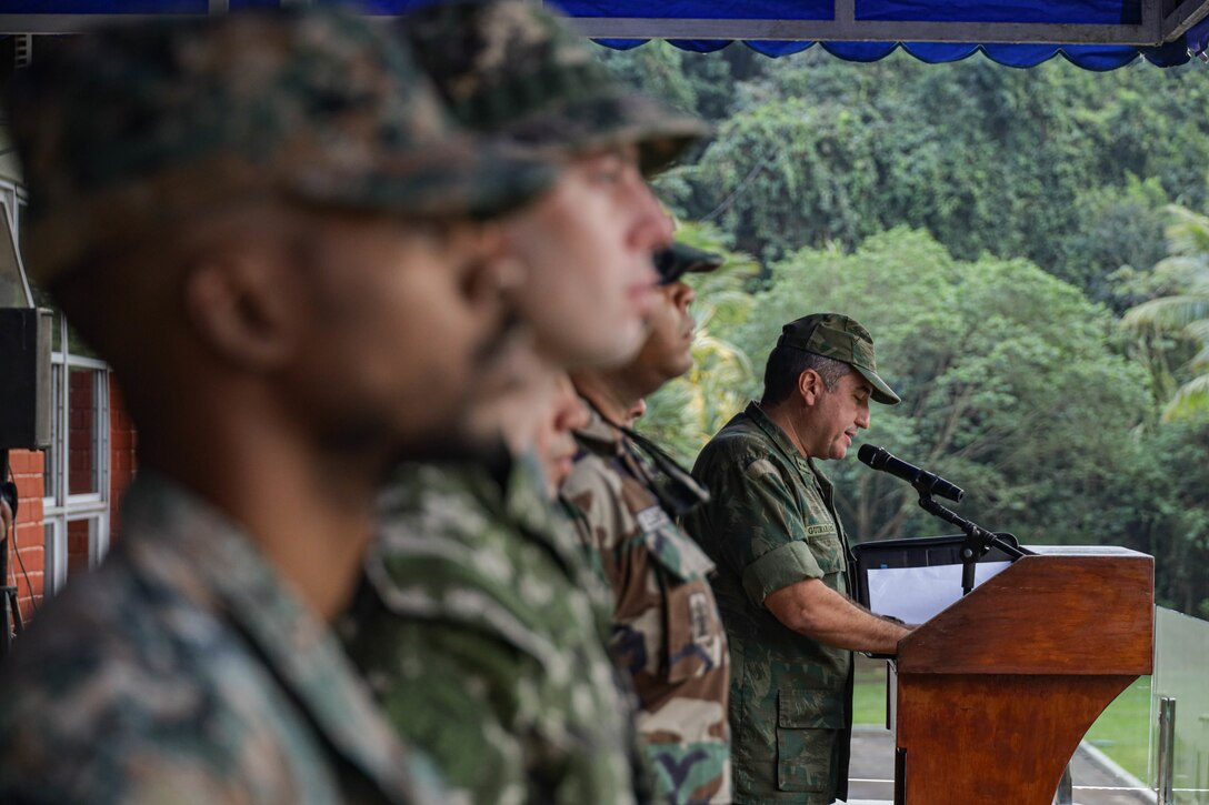 Contra-Almirante Marcelo Guimaràres Dias (Rear Admiral Brazilian Marine Corps) delivers a speech during a commencement ceremony as part of exercise UNITAS LXIII in Ilha do Governador, Rio de Janeiro, Sept. 5, 2022. UNITAS is the world’s longest-running annual multinational maritime exercise that focuses on enhancing interoperability among multiple nations and joint forces during littoral and amphibious operations in order to build on existing regional partnerships and create new enduring relationships that promote peace, stability and prosperity in the U.S. Southern Command’s area of responsibility. (U.S. Marine Corps photo by Lance Cpl. Trystan Taft)