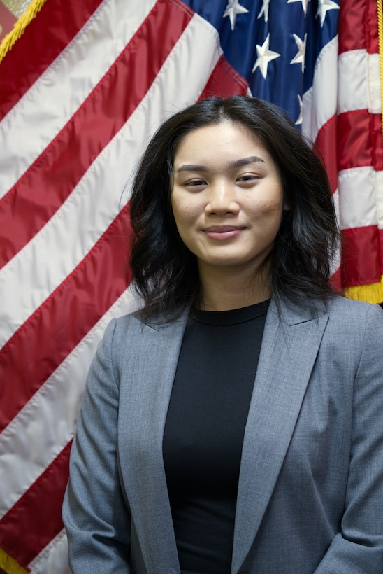 Ei Ei Naing poses for a photo at Recruiting Sub-Station West Des Moines, Iowa, January 6, 2021. Naing is the recipient of the Naval Reserve Officer Training Corps Scholarship for Recruiting Station Des Moines Iowa/Nebraska. Born into a refugee camp, Naing and her parents immigrated to the United States for a better life and provide their daughter with better opportunities. (Marine Corps Photo by Sgt. Smithers, Timothy, R./Released)