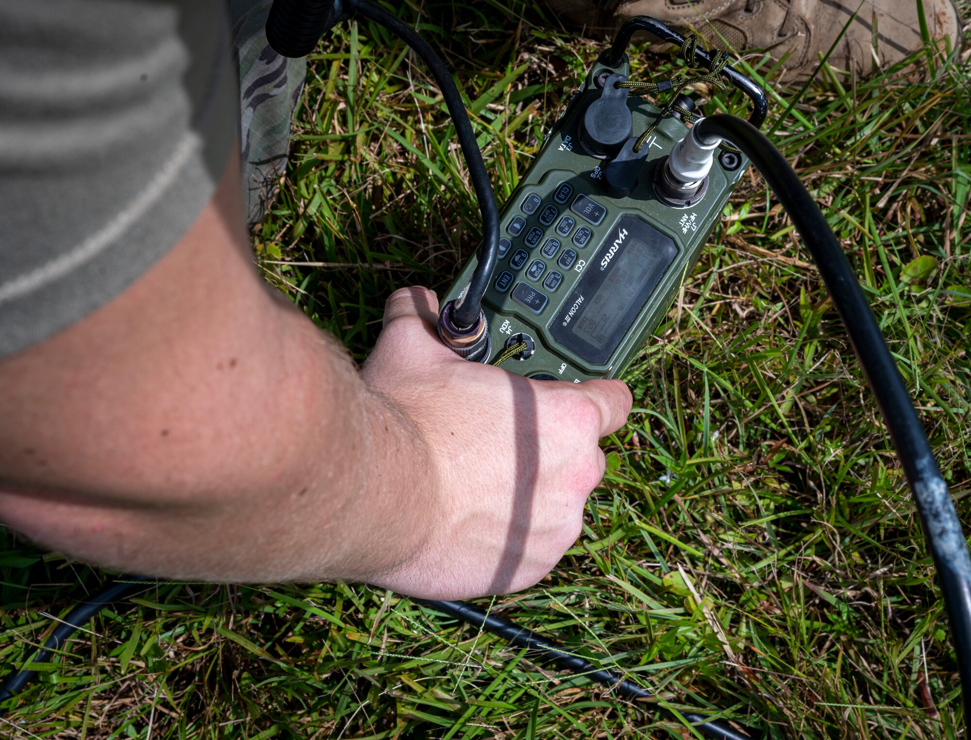 Senior Airman Brendon Rush, 4th Communications Squadron radio frequency transmission technician, sends a communication signal through the tactical mass-communication antenna during Exercise Agile Cub 22 at Seymour Johnson Air Force Base, North Carolina, August 25, 2022. Agile Cub measures Airmen deployment capabilities and communication strategies in a combat scenario. (U.S. Air Force photo by Airman 1st Class Sabrina Fuller)