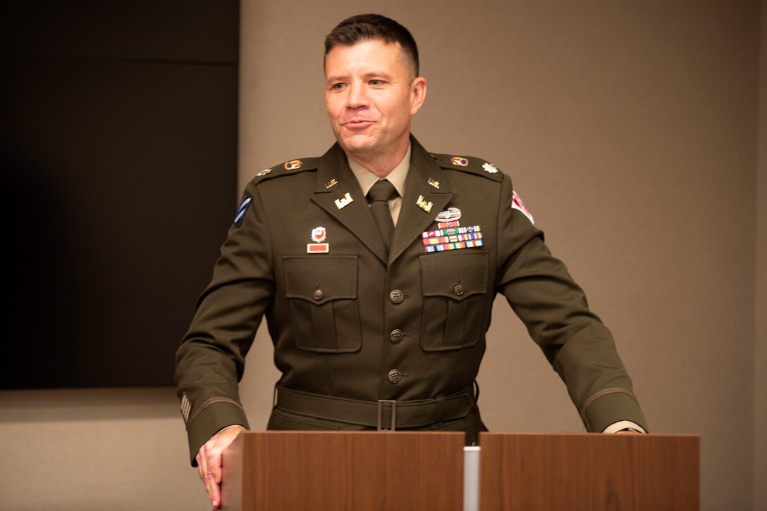 Lt. Col. Joseph Sahl, U.S. Army Corps of Engineers Nashville District commander, makes opening comments about the class during a graduation ceremony Sept. 14, 2022, at the district headquarters in Nashville, Tennessee. (USACE Photo by Lee Roberts)