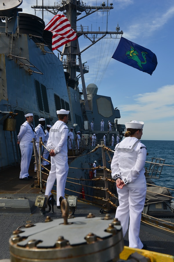 GUANABARA BAY, Brazil (Sept. 7, 2022) Sailors aboard the Arleigh Burke-class guided-missile destroyer USS Lassen (DDG 82) man the rails during the Parade of Ships marking Brazil’s bicentennial during UNITAS LXIII, Sept. 7, 2022. UNITAS is the world’s longest-running maritime exercise. Hosted this year by Brazil, it brings together multinational forces from Belize, Brazil, Cameroon, Chile, Colombia, Dominican Republic, Ecuador, France, Guyana, Jamaica, Mexico, Namibia, Panama, Paraguay, Peru, South Korea, Spain, United Kingdom, Uruguay, and the United States conducting operations in and off the coast of Rio de Janeiro. The exercise trains forces to conduct joint maritime operations through the execution of anti-surface, anti-submarine, anti-air, amphibious and electronic warfare operations that enhance warfighting proficiency and increase interoperability among participating naval and marine forces. (U.S. Navy photo by Mass Communication Specialist 1st Class Mitch Meppelink/Released)