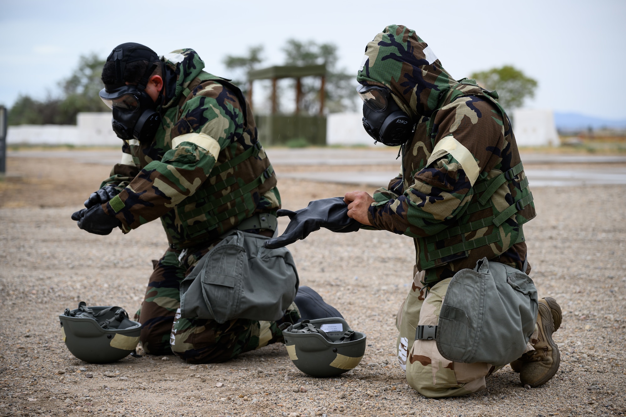 Airmen don protective gear during an Ability to Survive and Operate rodeo (ATSO) exercise at Hill Air Force Base, Utah, Sept. 13, 2020.