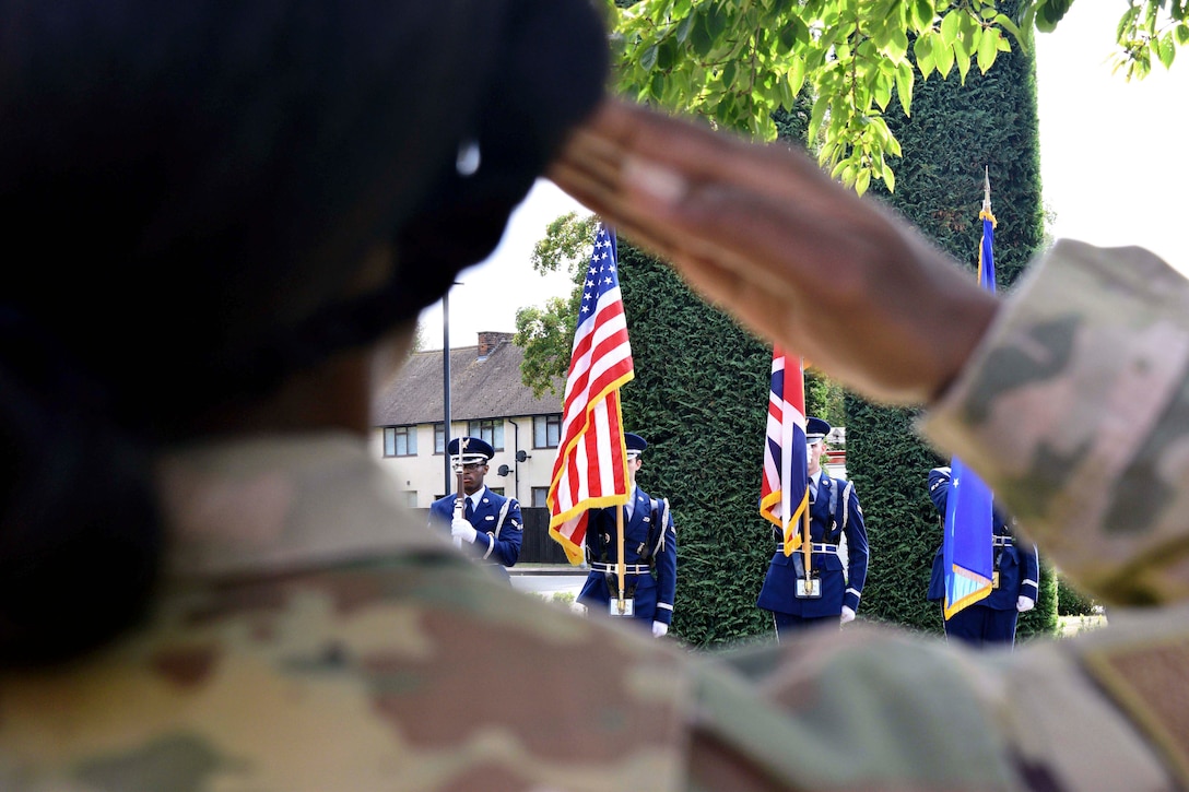 An airman salutes as service members carrying rifles and flags stand in a line.