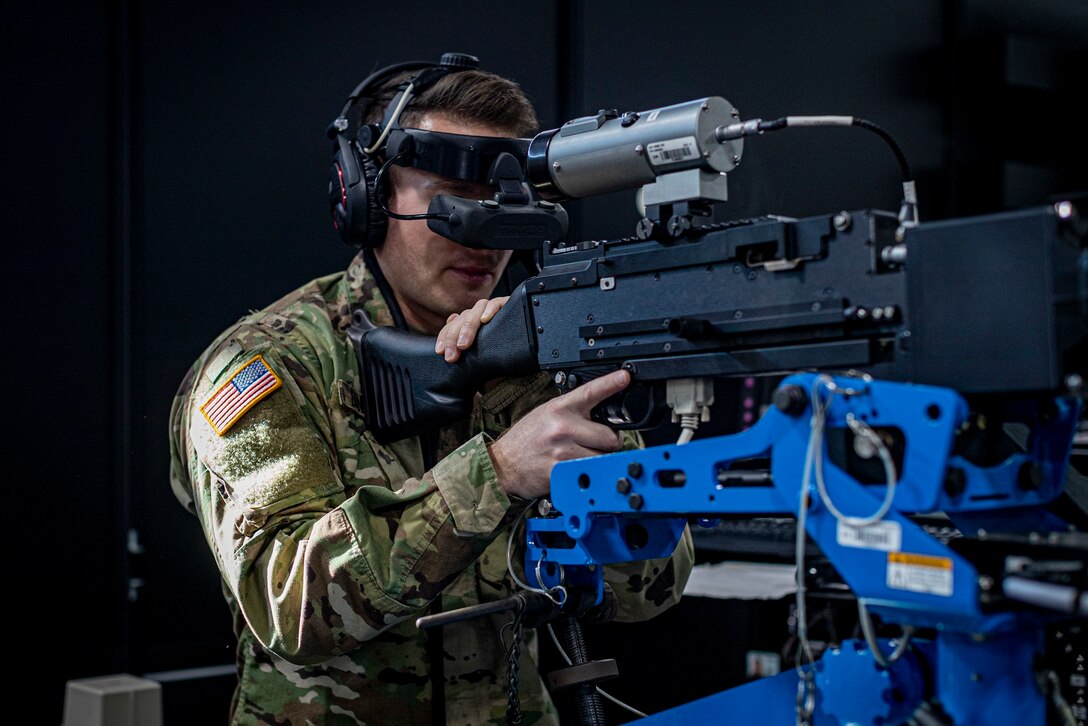 A U.S. Army Soldier with the New Jersey National Guard’s D Company, 1-114th Infantry Regiment (Air Assault) trains with a heavy weapons simulator at the Observer Coach/Trainer Operations Group Regional Battle Simulation Training Center on Joint Base McGuire-Dix-Lakehurst, N.J., Feb. 8, 2020. (U.S. Air National Guard photo by Master Sgt. Matt Hecht)