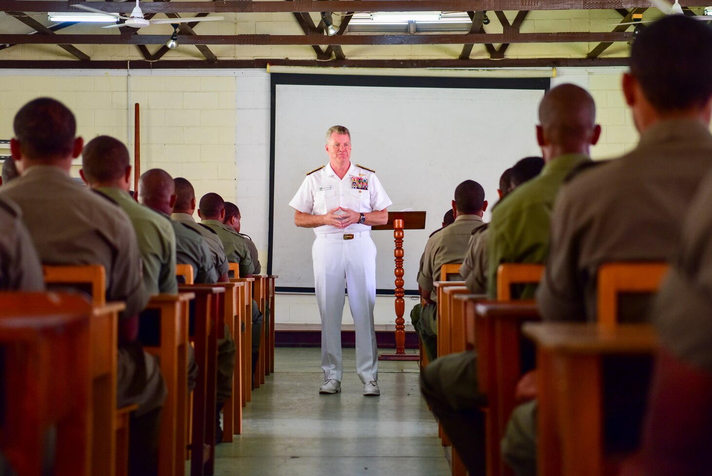Adm. Samuel Paparo, commander, U.S. Pacific Fleet, visits and speaks with recruits and staff assigned to Republic of Fiji's Force Training Group during a visit to Suva, Fiji.