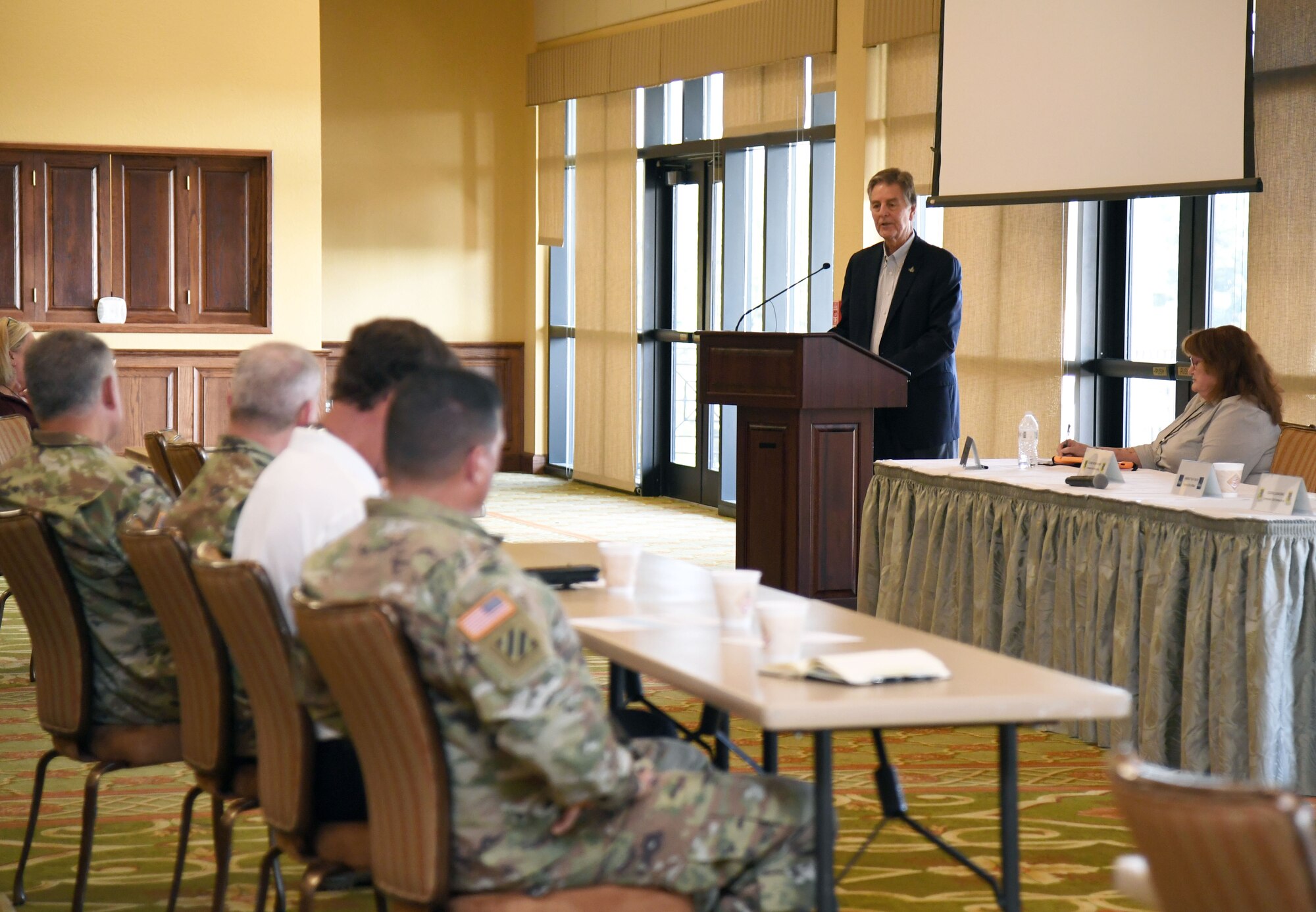 Mayor Andrew "FoFo" Gilich, Mayor of Biloxi, Mississippi, delivers a brief during the Industry Day Exchange Proposed Mixed-Use Enhanced Use Lease meeting inside the Bay Breeze Event Center at Keesler Air Force Base, Mississippi, Sept. 15, 2022. The Air Force Civil Engineer Center and 81st Training Wing hosted the event to explore the possibility of a Cyber Processing Center opportunity at Keesler. (U.S. Air Force photo by Kemberly Groue)
