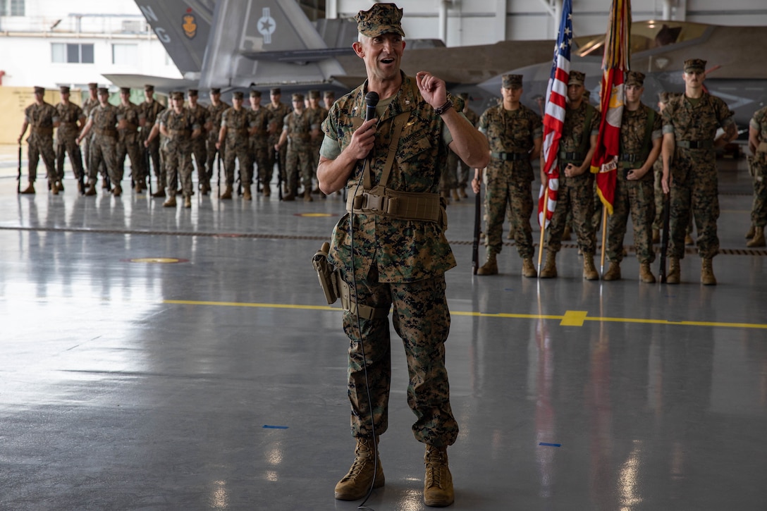 U.S. Marine Corps Lt. Col. Michael O’Brien, the incoming commanding officer of Marine Fighter Attack Squadron 314, Marine Aircraft Group (MAG) 11, 3rd Marine Aircraft Wing (MAW), addresses the crowd during a change of command ceremony at Marine Corps Air Station Miramar, California, Sept. 9, 2022.  VMFA-314 is the Marine Corps’ first operational F-35C Lightning II squadron. O’Brien took command of the squadron the same day his wife took command of Marine Aerial Refueler Transport Squadron 325, MAG 11, 3rd MAW. (U.S. Marine Corps photo by Lance Cpl. Courtney A. Robertson)