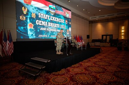 Maj. Gen. Kenneth Hara, State of Hawaii Adjutant General, provides opening remarks to the members of the U.S Military and the Tentara Nasional Indonesia (TNI, Indonesian Armed Forces) for Gema Bhakti 2022, September 09, 2022, Jakarta Indonesia. Gema Bhakti 22 is a USINDOPACOM Joint Exercise Program event, utilizing US Joint forces partnering with TNI Armed Forces working together to increase interoperability and enhance regional stability and security through bilateral and multilateral partnerships. (U.S. Air Force Photo by Master Sgt. Andrew Jackson)