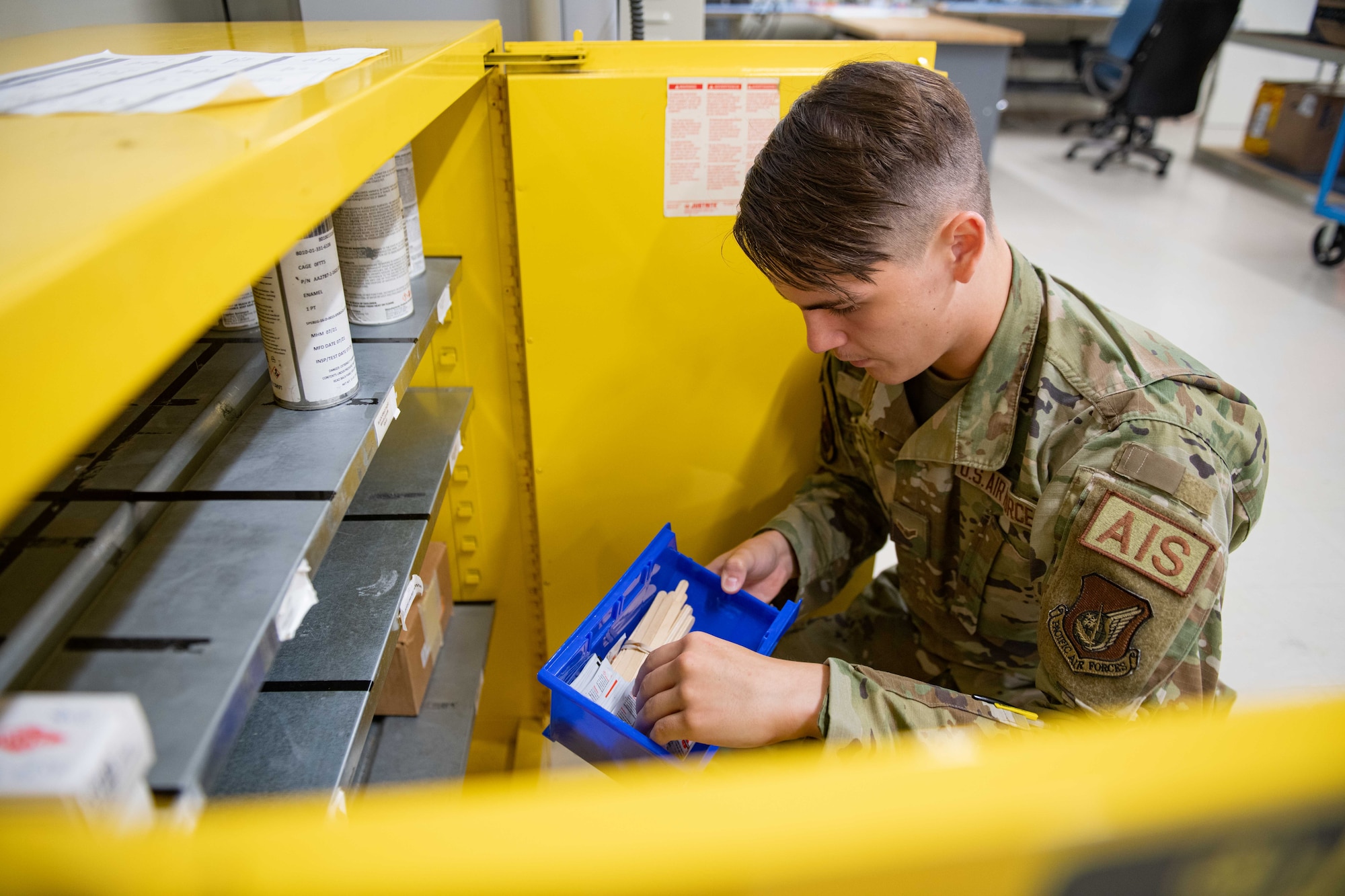 An Airman checks on hazardous materials