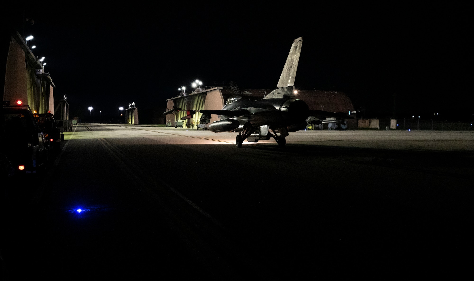 An F-16 Fighting Falcon assigned to the 36th Fighter Squadron (FS) taxis to the runway prior to flying a night sortie at Osan Air Base, Republic of Korea, Sept. 13, 2022.