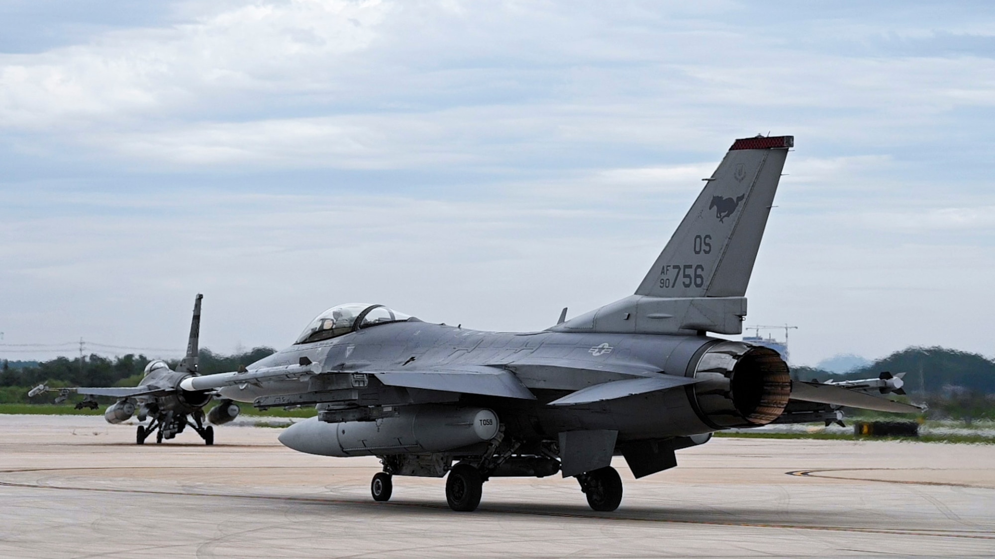 An F-16 Fighting Falcon assigned to the 36th Fighter Squadron waits to take-off on an alternate landing strip (ALS) prior flying a training sortie.