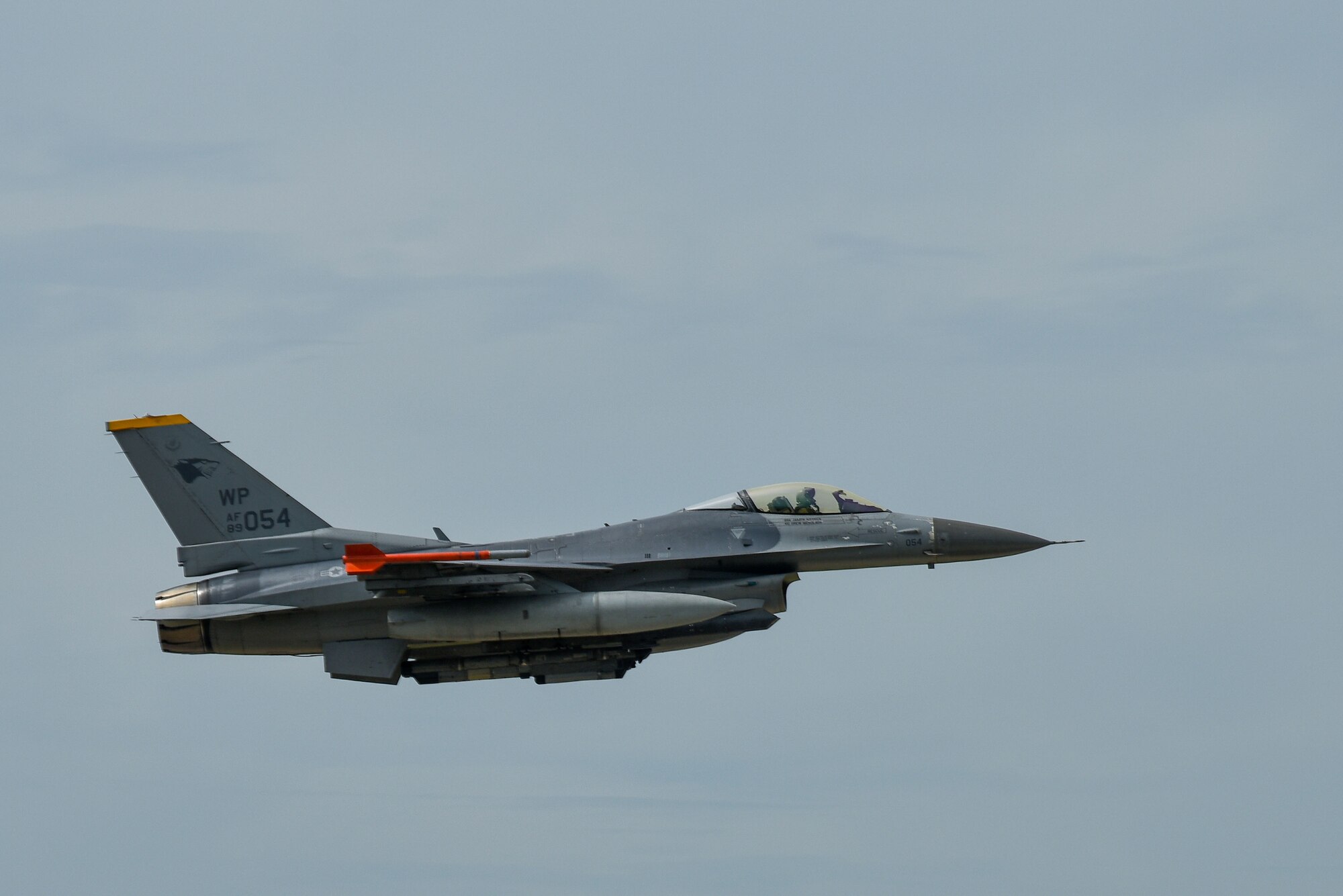 An F-16 Fighting Falcon assigned to the 80th Fighter Squadron takes-off during a training event at Kunsan Air Base, Republic of Korea, Sept. 14, 2022. During the training, Wolf Pack crew chiefs were tasked with generating aircraft in a simulated contested environment. (U.S. Air Force photo by Tech. Sgt. Timothy Dischinat)