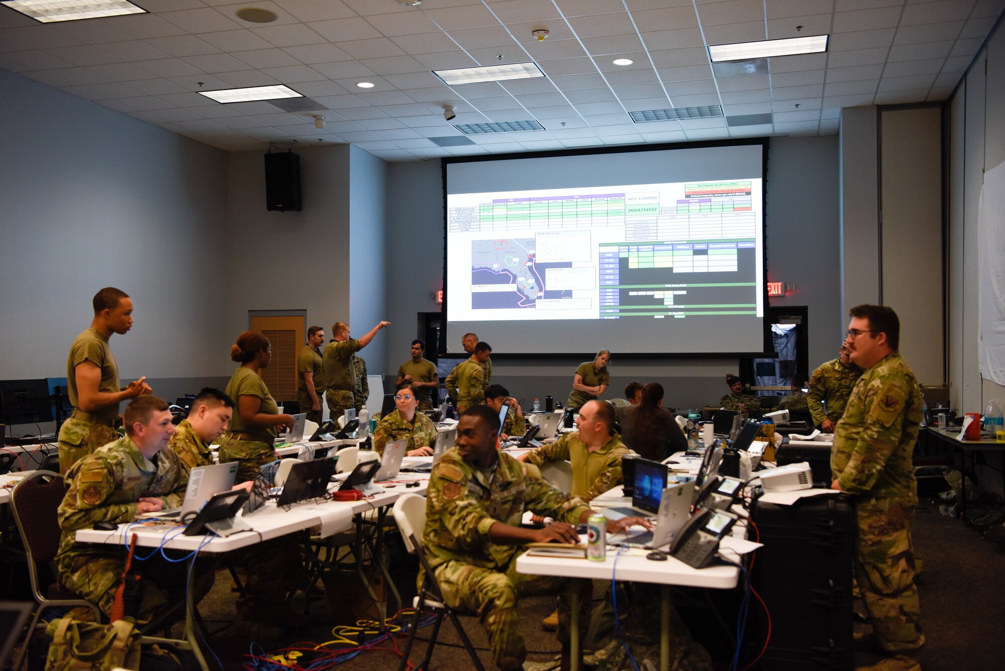 photo of US military sitting at tables working on computers with a big projector screen in the backgroun
