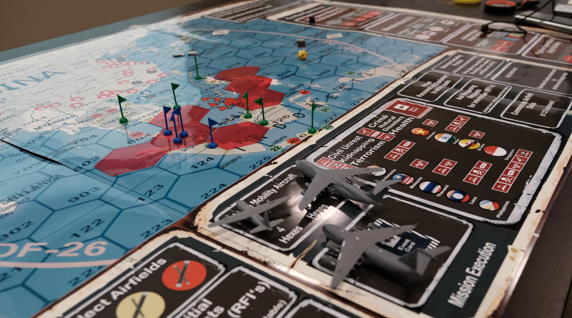 photo of board game with miniature planes and flags on a map