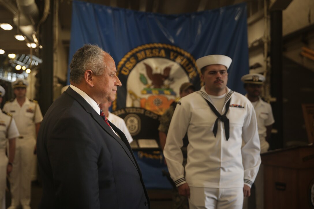 RIO DE JANEIRO (Sept. 8, 2022) U.S. Secretary of the Navy Carlos Del Toro is greeted by San Antonio-class transport dock USS Mesa Verde (LPD 19) sailors as he walks the ship for a visit during UNITAS LXIII Sept. 8, 2022.  UNITAS is the world’s longest-running maritime exercise. Hosted this year by Brazil, it brings together multinational forces from Brazil, Cameroon, Chile, Colombia, Dominican Republic, Ecuador, France, Guyana, Jamaica, Mexico, Namibia, Panama, Paraguay, Peru, South Korea, Spain, United Kingdom, Uruguay, and the United States conducting operations in and off the coast of Rio de Janeiro. The exercise trains forces to conduct joint maritime operations through the execution of anti-surface, anti-submarine, anti-air, amphibious and electronic warfare operations that enhance warfighting proficiency and increase interoperability among participating naval and marine forces. (U.S. Marine Corps photo by Cpl. Ethan Craw/Released)