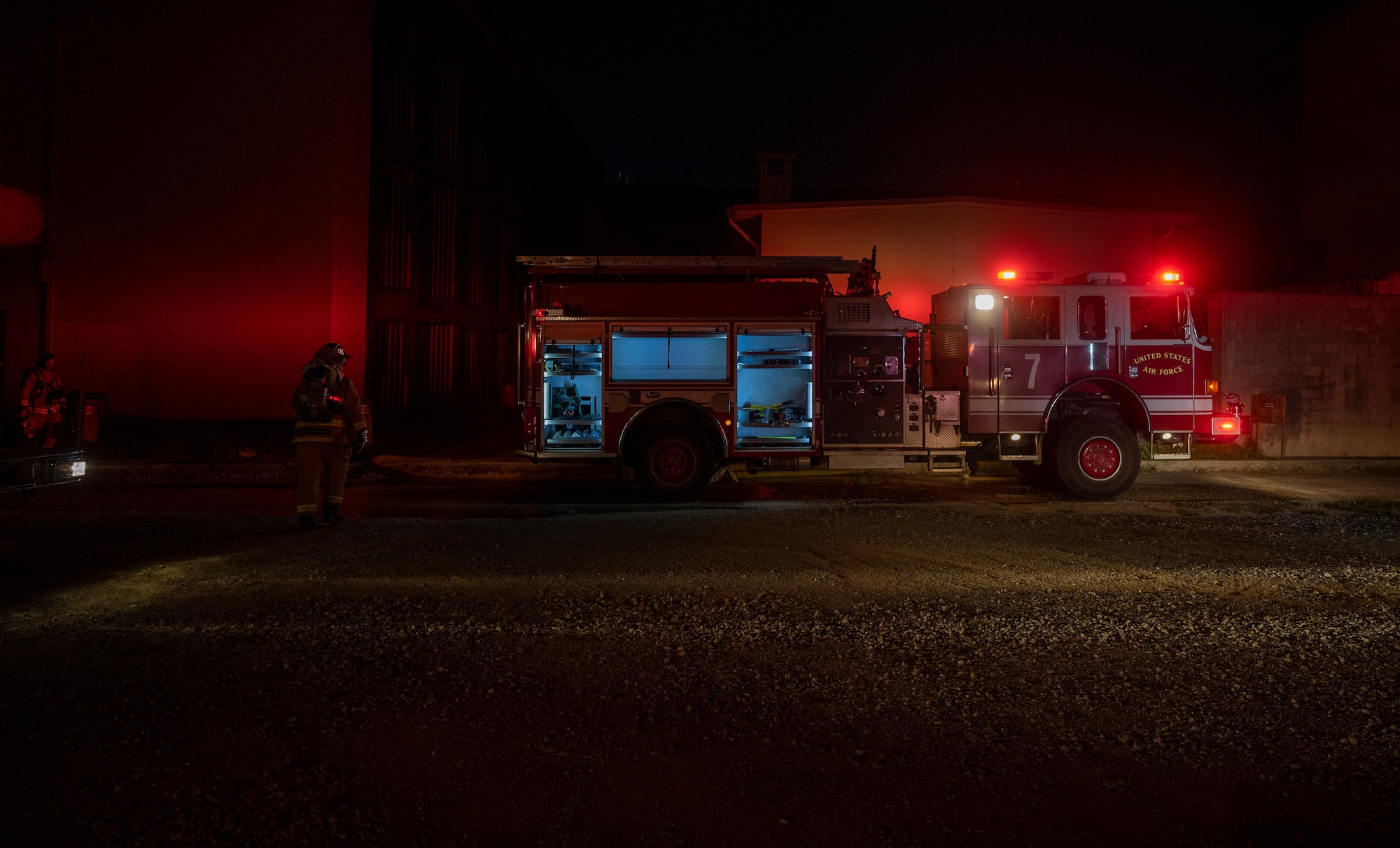 U.S. Air Force Firefighters assigned to the 51st Civil Engineer Squadron (CES), pack up a fire truck after a fire response training scenario at Osan Air Base, Republic of Korea, Sept. 14, 2022.