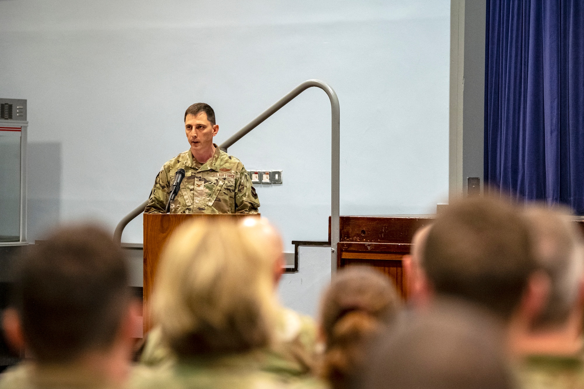 U.S. Air Force Col. Edward Spinelli, 422d Air Base Group commander, speaks during a 9/11 retreat ceremony at RAF Croughton, England, Sep 9, 2022. Airmen and guests participated in the ceremony to honor those who lost their lives during the September 11th terrorist attacks. (U.S. Air Force photo by Staff Sgt. Eugene Oliver)