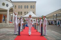 Vice Adm. Thomas Ishee, commander, U.S. Sixth Fleet, departs after the U.S. Sixth Fleet change of command ceremony held on Naval Support Activity Naples, Italy, Sept. 15, 2022.