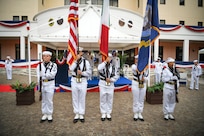 The U.S. Sixth Fleet color guard parades the colors during a change of command ceremony held on Naval Support Activity Naples, Italy, Sept. 15, 2022.