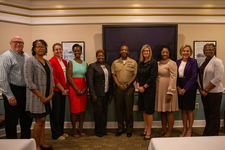 U.S. Marine Corps Col. Michael L. Brooks, commanding officer, Marine Corps Base Quantico, poses with the Prince William County Public Schools administration and the Marine Corps Community Services team at The Clubs of Quantico on MCBQ, Sept. 9, 2022. The Pete Taylor Partnership of Excellence Award recognizes successful partnerships and projects that ultimately benefit military-connected children. Prince William County Schools’ dedication to “Providing A World-Class Education” focuses learning and achieving exacting standards that support the academic, social, and emotional needs of all students. (U.S. Marine Corps photo by Cpl. Eric Huynh)