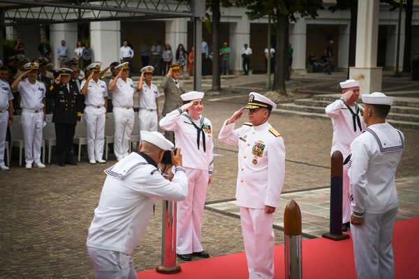 Vice Adm. Thomas Ishee, commander, U.S. Sixth Fleet, salutes during a change of command ceremony held on Naval Support Activity Naples, Italy, after relieving Vice Adm. Gene Black, Sept. 15, 2022.