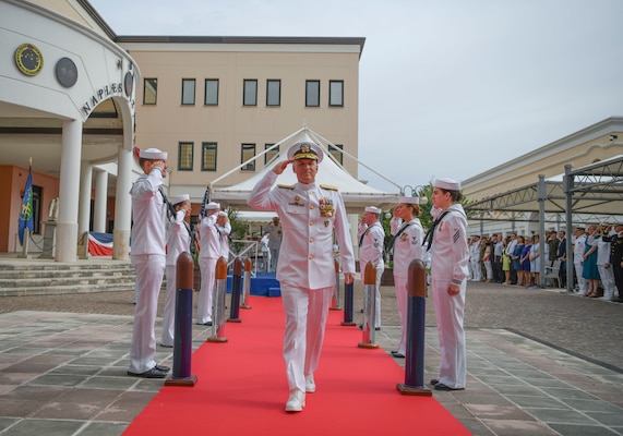 Vice Adm. Gene Black departs after the U.S. Sixth Fleet change of command ceremony held on Naval Support Activity Naples, Italy, Sept. 15, 2022.