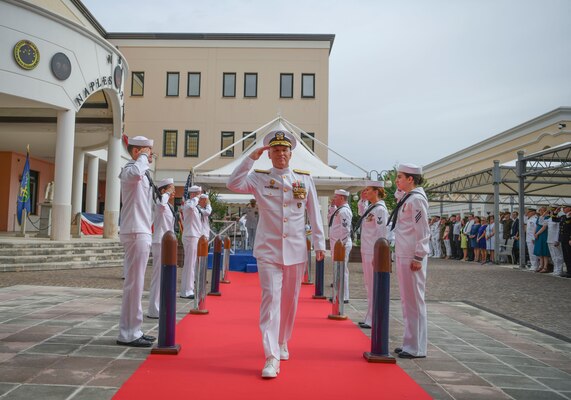 Vice Adm. Gene Black departs after the U.S. Sixth Fleet change of command ceremony held on Naval Support Activity Naples, Italy, Sept. 15, 2022.