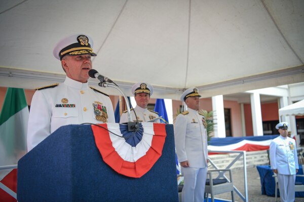 Vice Adm. Thomas Ishee, commander, U.S. Sixth Fleet, speaks during the U.S. Sixth Fleet change of command ceremony held on Naval Support Activity Naples, Italy, after relieving Vice Adm. Gene Black, Sept. 15, 2022.