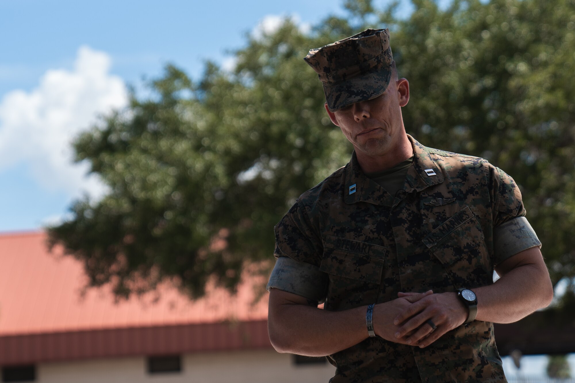 U.S. Marine Corps Capt. Jason Stewart, U.S. Marine Corps Forces, Central Command G-6 operations officer, speaks at a ceremony honoring his late father at MacDill Air Force Base, Florida, Sept. 1, 2022.