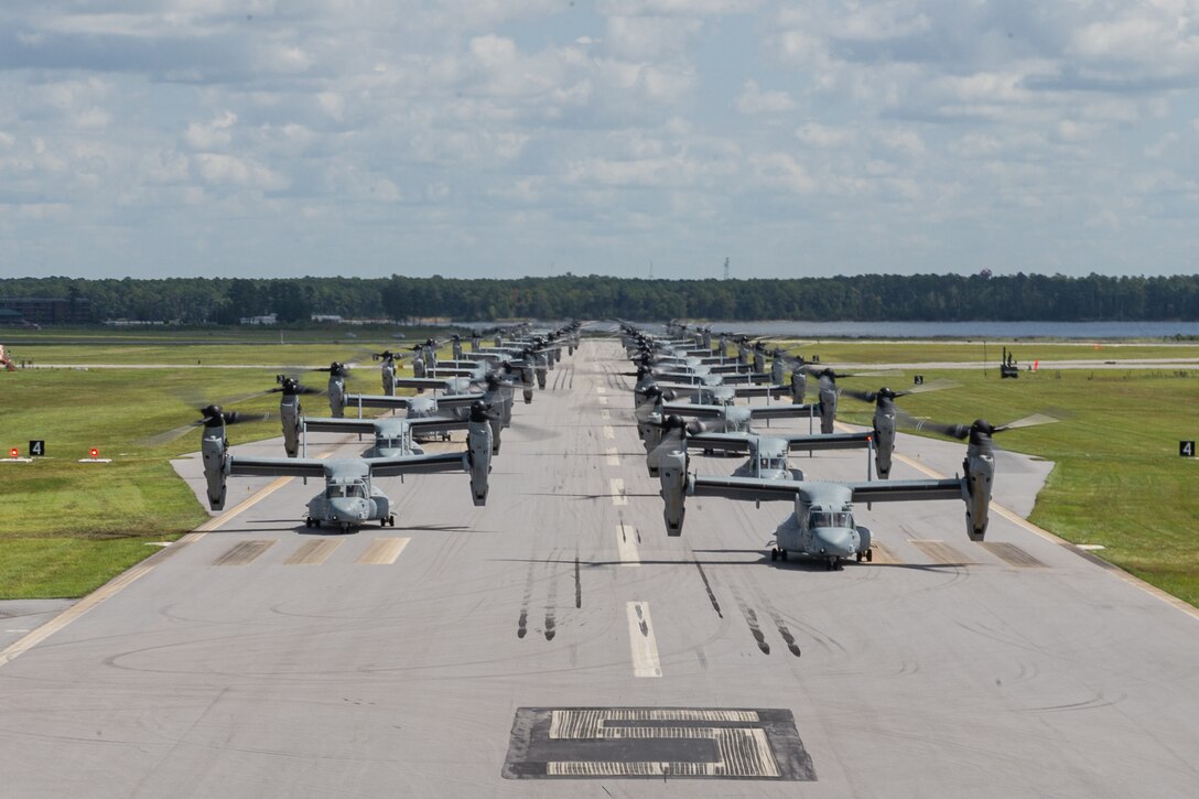 U.S. Marines with Marine Aircraft Group (MAG) 26 prepare to fly MV-22B Ospreys at Marine Corps Air Station New River, North Carolina, Aug. 9, 2022. MAG-26 demonstrated the air power they provide to the Marine Air-Ground Task Force by ensuring the five MV-22B Osprey squadrons are ready to deploy at a moment’s notice. MAG-26 is a subordinate unit of 2nd Marine Aircraft Wing, the aviation combat element of II Marine Expeditionary Force. (U.S. Marine Corps photo by Lance Cpl. Anakin Smith)