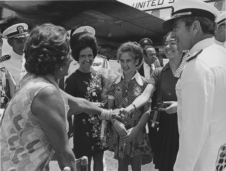The Zumwalts receive a warm welcome as they pay a visit to naval activities in Athens, Greece.