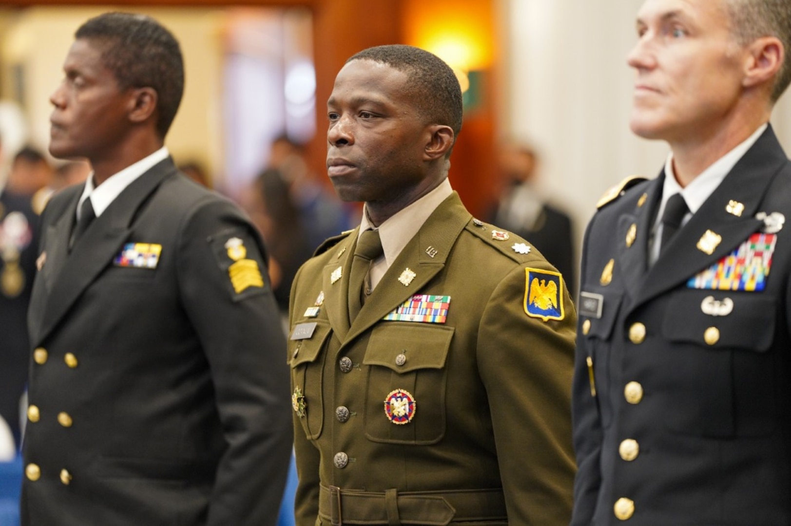 Multinational military participants of the South American Defense Conference 2022 (SOUTHDEC 22) stand at attention during the conference’s opening ceremony.