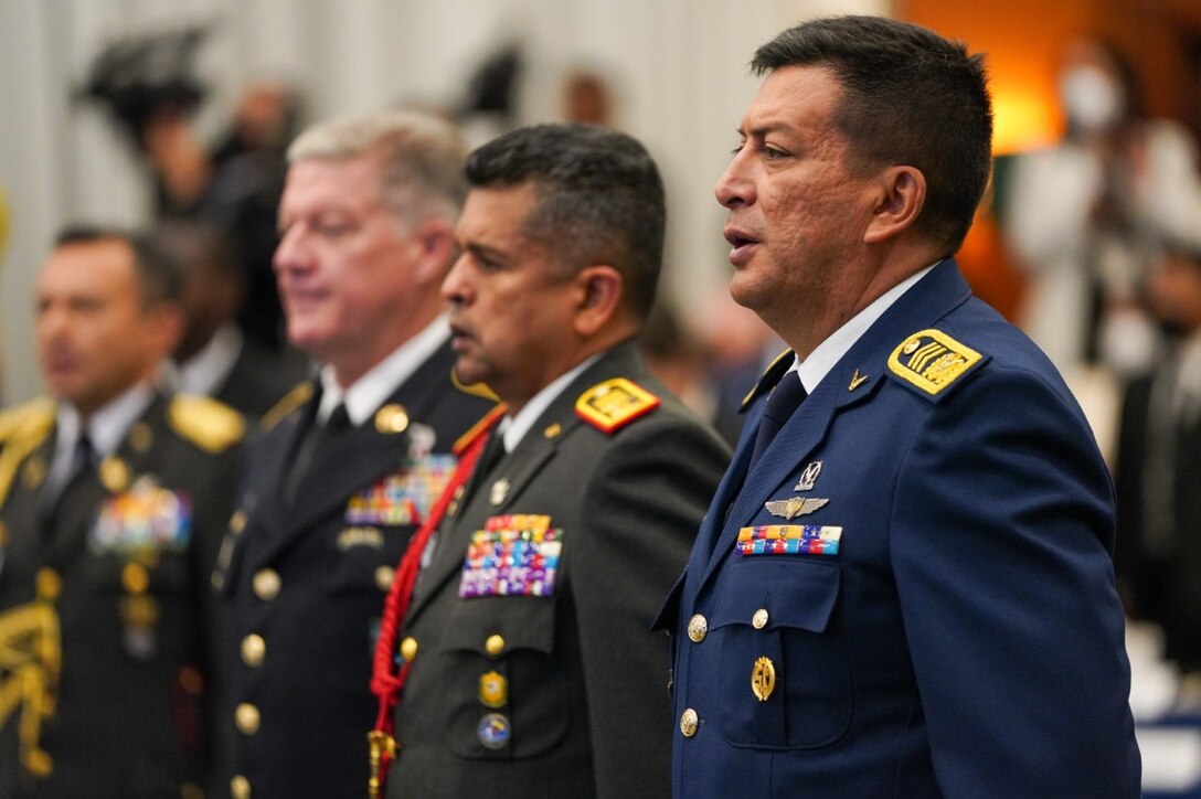 Multinational military participants of the South American Defense Conference 2022 (SOUTHDEC 22) stand at attention during the conference’s opening ceremony.