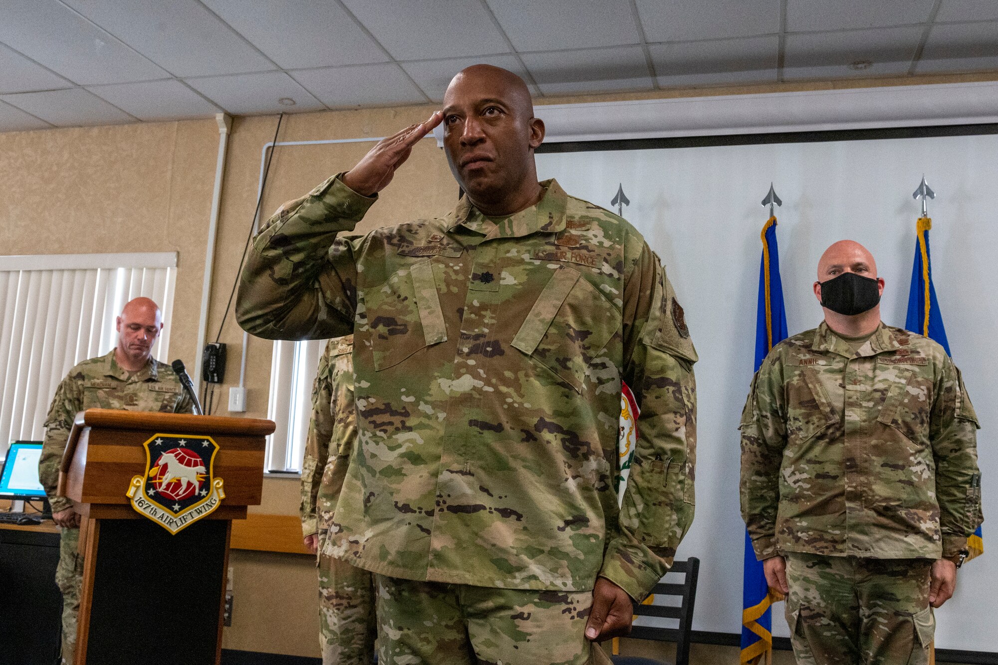 U.S. Air Force Lt. Col. Corey Gause, renders his first salute to the 167th Mission Support Group during a change of command ceremony at 167th Airlift Wing, Martinsburg, West Virginia, Sept. 10, 2022.