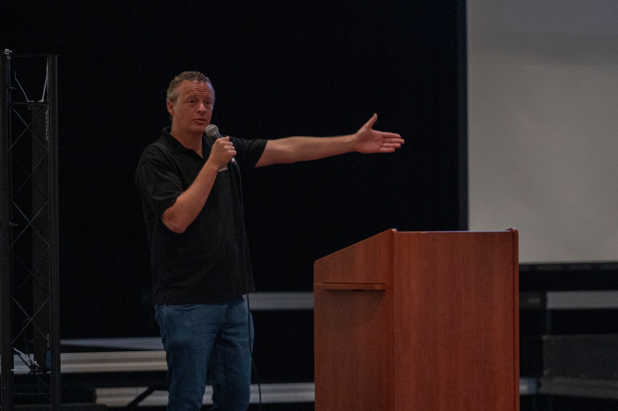 Jake Rademacher, director of the movie Brothers at War, speaks to Airmen of the 167th Airlift Wing and their family members during the Brothers at War Resiliency Workshop held at Martinsburg High School, Martinsburg, West Virginia, September 11, 2022.