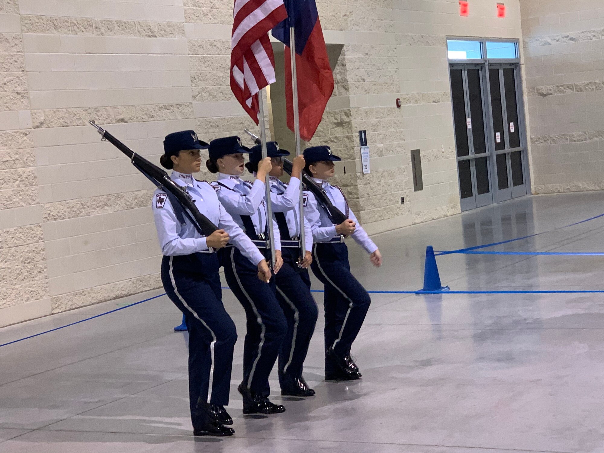 Members of a U.S. Air Force Junior ROTC Color Guard team at competition