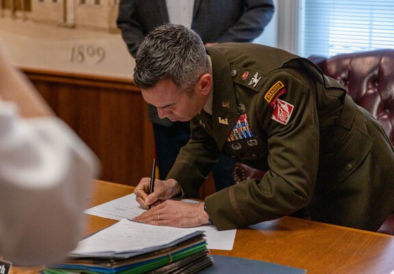 On Sept 14, 2022, Pittsburgh District Commander Adam Czekanski signs a $426,000 federal cost-share agreement for a Section 22 Planning Assistance to States project to develop a stormwater management plan for the Indiana County community in Pennsylvania. Section 22 projects allow the Corps of Engineers to partner with local communities to provide engineering assistance and expertise to address local challenges. (U.S. Army Corps of Engineers Pittsburgh District photo by Andrew Byrne)