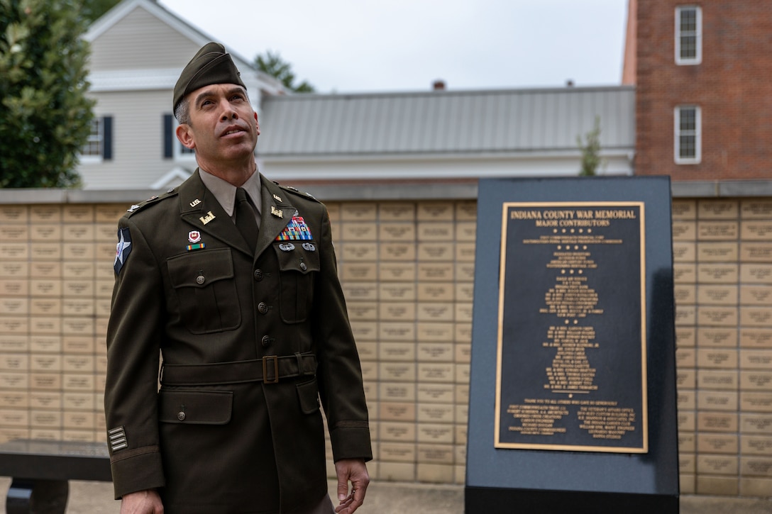 Pittsburgh District Commander Adam Czekanski observes the Indiana County War Memorial in Indiana, PA, Sept. 14, 2022. Col. Czekanski signed a $426,000 federal cost-share agreement for a Section 22 Planning Assistance to States project to develop a stormwater management plan for the Indiana County community. Section 22 projects allow the Corps of Engineers to partner with local communities to provide engineering assistance and expertise to address local challenges. (U.S. Army Corps of Engineers Pittsburgh District photo by Andrew Byrne)