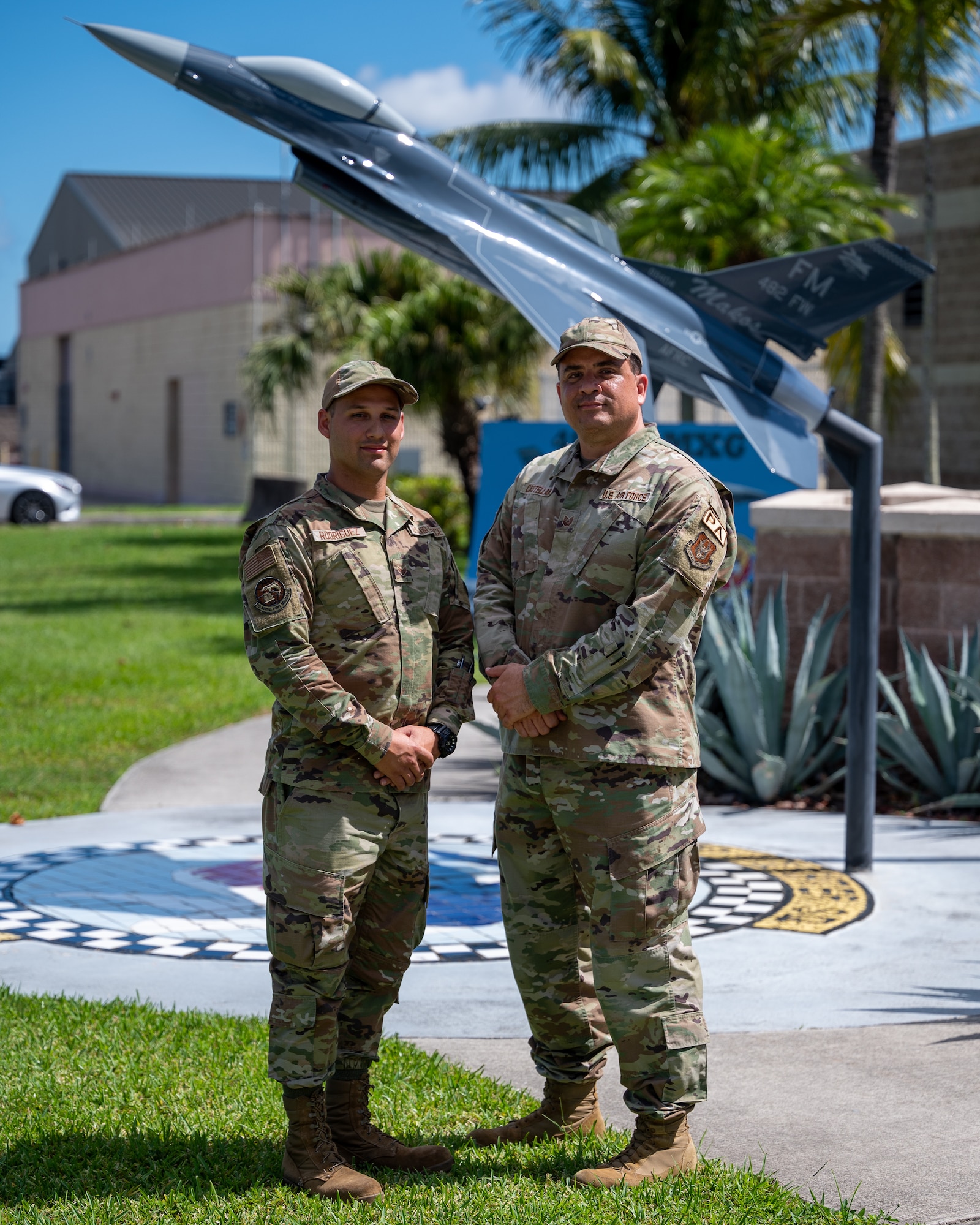 Senior Airman Randy Rodriguez, 70th Aerial Port Squadron Aerial Porter, and Tech. Sgt. Lionel Castellano, 482nd Fighter Wing Public Affairs Specialist, saved a woman in the early hours of Sept. 10, 2022.
