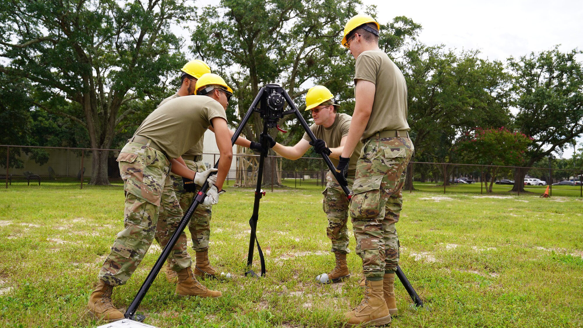 The 338th Training Squadron Radio Frequency Transmission Systems Airmen practice building a Blue Sky antenna mast during class at Keesler Air Force Base, Mississippi, Sept. 6, 2022. The 338th TRS specializes in two pipeline courses, RF Transmissions Systems and Network Operations.