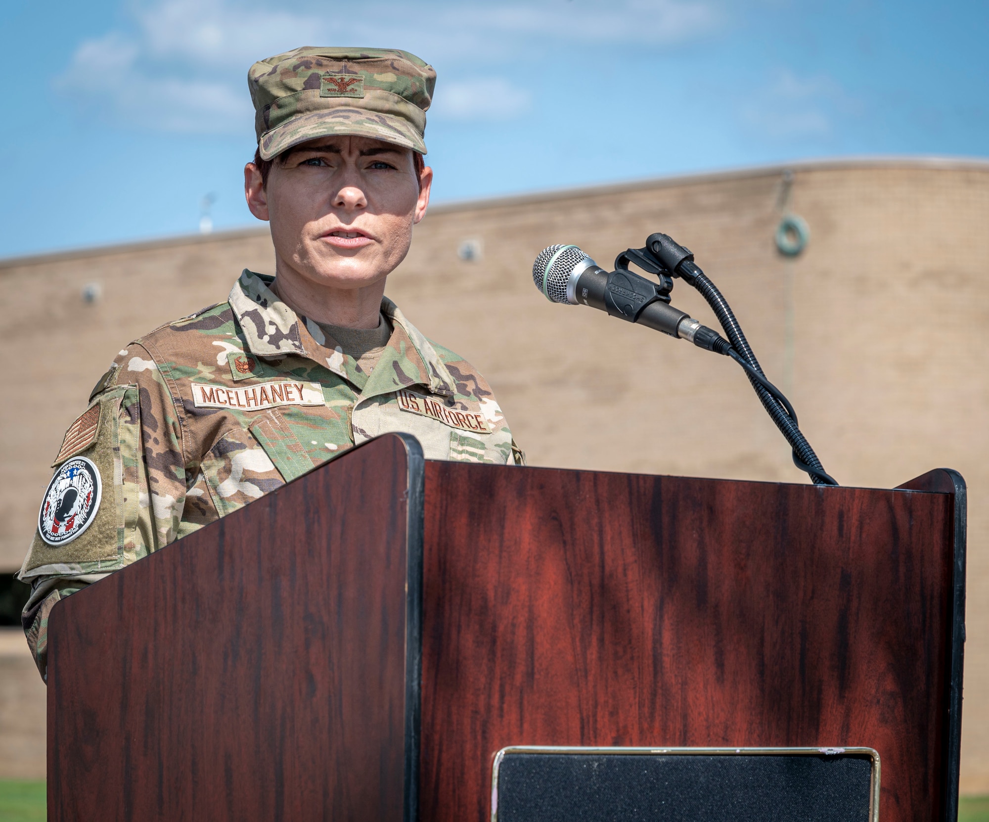 Col. Tammy McElhaney, 4th Mission Support Group commander, gives closing remarks for the final ceremony during POW/MIA Remembrance Week at Goldsboro, North Carolina, September 15, 2022. During POW/MIA week, Seymour Johnson honored brothers and sisters in arms through multiple events including a ruck march, a veterans round table, a memorial ride, closing ceremony and a 24-hour vigil.  (U.S. Air Force photo by Airman 1st Class Sabrina Fuller)