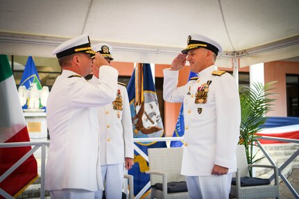 Vice Adm. Gene Black, right, salutes Vice Adm. Thomas Ishee, commander, U.S. Sixth Fleet during the U.S. Sixth Fleet change of command ceremony held on Naval Support Activity Naples, Italy, Sept. 15, 2022.