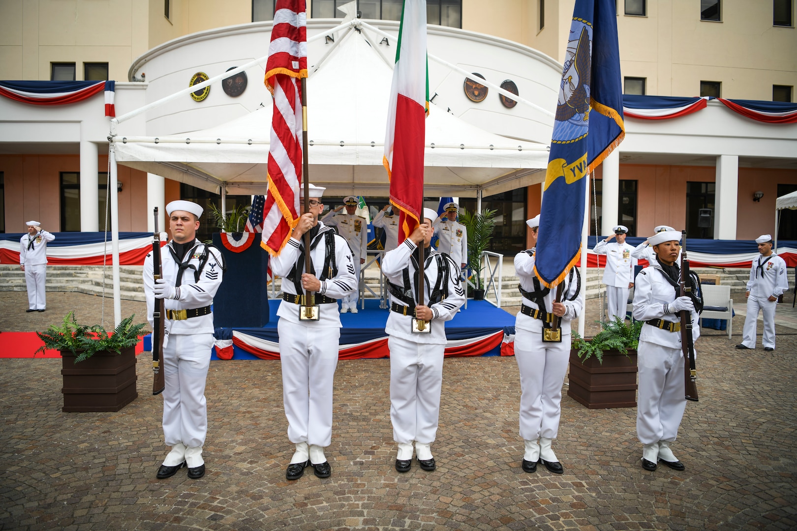 The U.S. Sixth Fleet color guard parades the colors during a change of command ceremony held on Naval Support Activity Naples, Italy, Sept. 15, 2022.