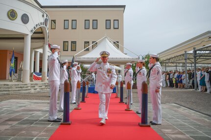 Vice Adm. Thomas Ishee, commander, U.S. Sixth Fleet, departs after the U.S. Sixth Fleet change of command ceremony held on Naval Support Activity Naples, Italy, Sept. 15, 2022.