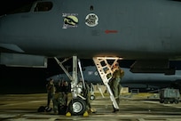Aircrew, assigned to the 37th Bomb Squadron, board a B-1B Lancer at Ellsworth Air Force Base, S.D., for a long-distance CONUS-to-CONUS mission into the Indo-Pacific region, Sept 10, 2022.