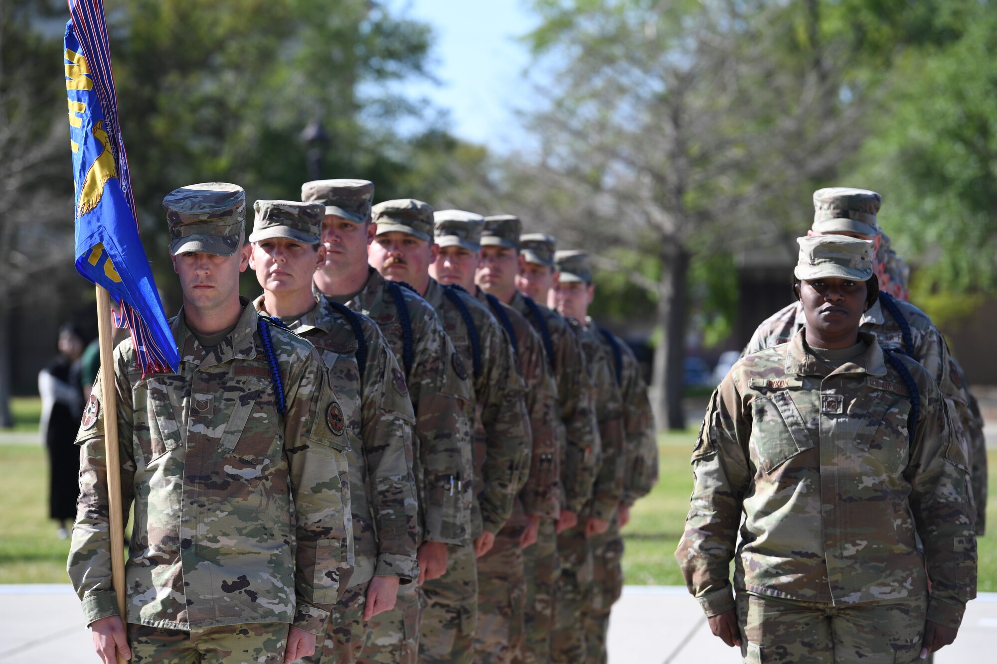 Military Training Leaders from the 81st Training Group stand in formation at the Levitow Training Support Facility on Keesler Air Force Base, Mississippi, April 1, 2022 . (U.S. Air Force photo by Kemberly Groue)