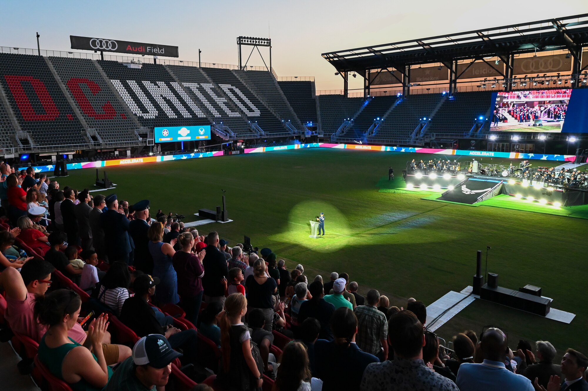 Chief Master Sergeant of the Air Force JoAnne Bass gives her remarks during the Air Force 75th Anniversary Tattoo Sept. 15, 2022, at Audi Field, Washington, D.C. Thousands of Department of Defense civilians, service members and their families attend the traditional military exhibition event, celebrating 75 years of excellence and history. (U.S. Air Force photo by Amn Bill Guilliam)