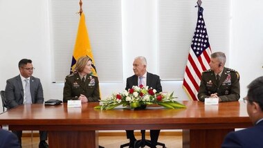 U.S. Army Gen. Laura J. Richardson, the commander of U.S. Southern Command, and Chief of the National Guard Bureau, Gen. Daniel Hokanson, meet with Ecuador's Minister of Defense Gen. Luis Eduardo Lara.