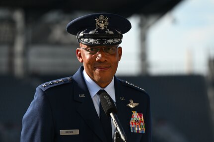 Air Force Chief of Staff Gen. CQ Brown, Jr. answers questions during a press conference at the Air Force 75th Anniversary Tattoo Sept. 15, 2022, at Audi Field, Washington, D.C. Thousands of Department of Defense civilians, service members and their families attend the traditional military exhibition event, hosted by the chief of staff.  (U.S. Air Force photo by Staff Sgt. Nilsa Garcia)